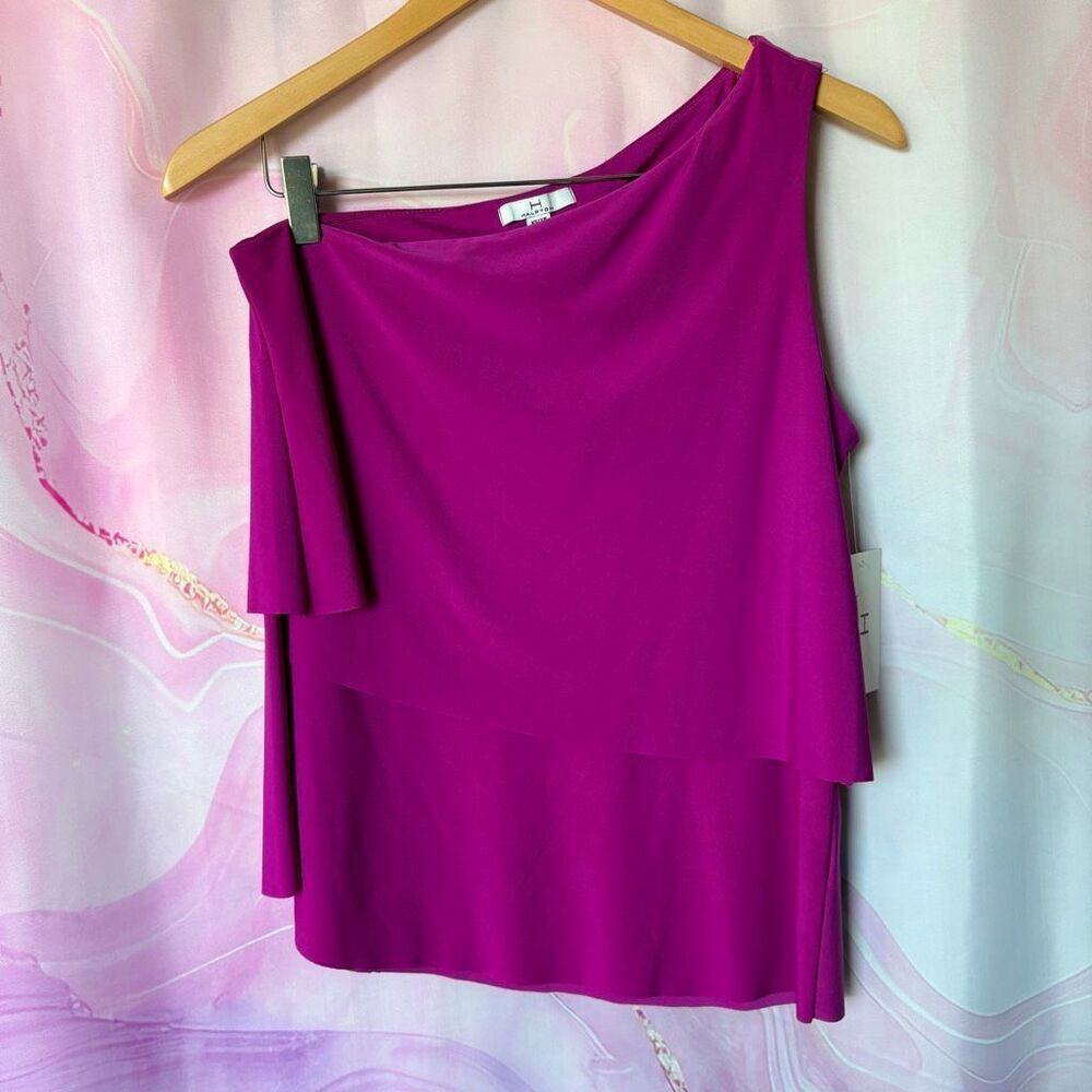 Halston XS Fuchsia Asymmetrical One Shoulder Ruffle Layered Top NWT Preppy Event
